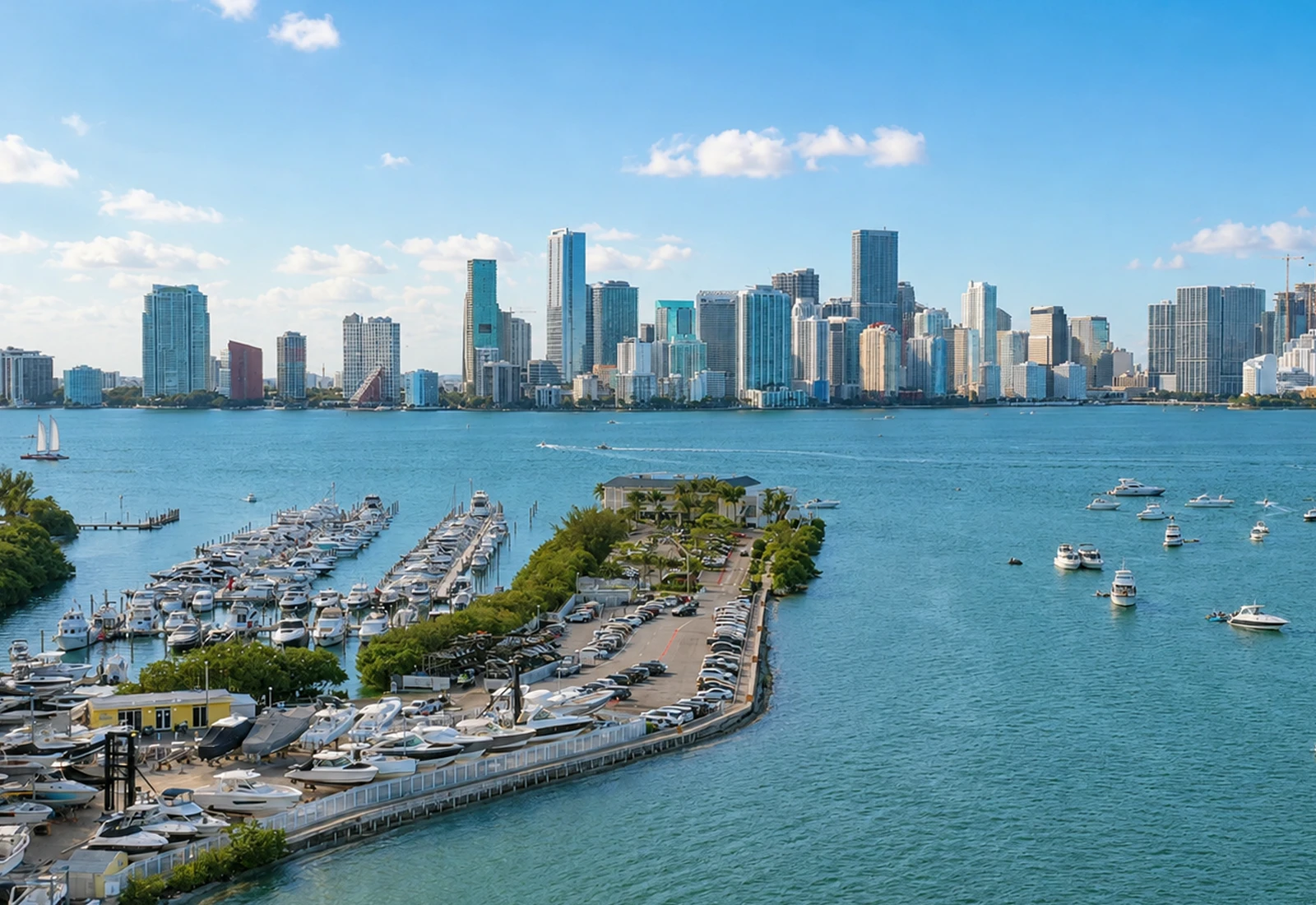 The Rickenbacker Marina's docks and boatyard on Virginia Key, with downtown Miami's skyline across Biscayne Bay